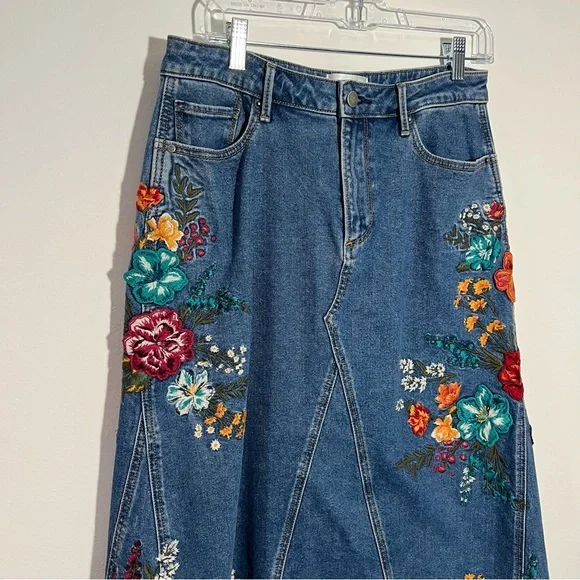 NEW Free People x Driftwood Embroidered Denim Maxi Skirt Size 29 - Picture 3 of 14